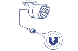 A security camera is depicted with a cable extending from it, leading to a connector. A magnified view of the connector shows a symbol indicating Power over Ethernet (PoE).