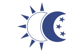 A stylized representation of the sun and moon, with the sun's rays extending outward and a crescent moon overlapping the sun. Inside the crescent moon are four stars, all in a blue color scheme.