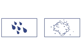 The illustration depicts two icons side by side. The first icon, on the left, shows several raindrops representing water resistance. The second icon, on the right, features a cloud with small dots, signifying dust resistance. These icons emphasize the product's durability in outdoor conditions.