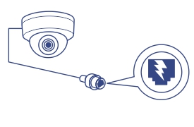 A security camera is depicted with a cable extending from it, leading to a connector. A magnified view of the connector shows a symbol indicating Power over Ethernet (PoE).