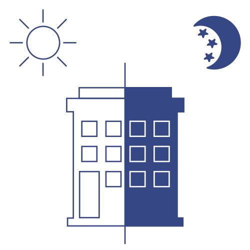 A graphic illustration of a building divided down the middle depicting day and night. The left half shows a sun above, representing daytime. The right half displays a crescent moon and stars above, representing nighttime.