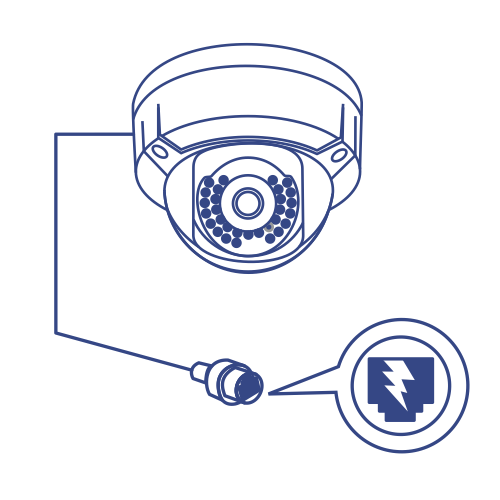 Illustration of a closed-circuit television (CCTV) camera mounted on a wall, with a focus on its power connection point and an enlarged detail showing a PoE symbol, indicating the camera’s electrical power source.