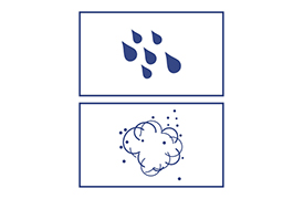 The image contains two sections: the top section features six water droplets of various sizes, symbolizing rain or water, while the bottom section displays a cloud surrounded by multiple small dots, representing dust or particles.