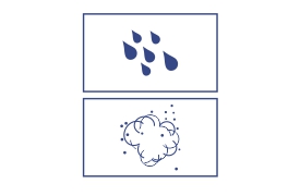 Das Bild besteht aus zwei Abschnitten: Der obere Bereich zeigt sechs Wassertröpfchen unterschiedlicher Größe, die Regen oder Wasser symbolisieren, während der untere Bereich eine Wolke zeigt, die von mehreren kleinen Punkten umgeben ist, die Staub oder Partikel darstellen.