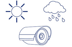 Un sol, una nube con gotas de lluvia y una cámara de seguridad indican que la cámara es adecuada para diversas condiciones climáticas, incluidos ambientes soleados y lluviosos. La cámara de seguridad se representa en un simple dibujo lineal, lo que sugiere su uso en entornos exteriores.
