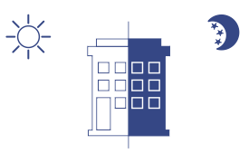 A graphic illustration of a building divided down the middle depicting day and night. The left half shows a sun above, representing daytime. The right half displays a crescent moon and stars above, representing nighttime.