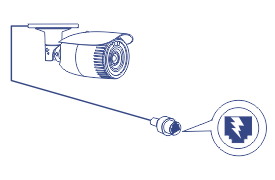 Illustration of a closed-circuit television (CCTV) camera mounted on a wall, with a focus on its power connection point and an enlarged detail showing a PoE symbol, indicating the camera’s electrical power source.