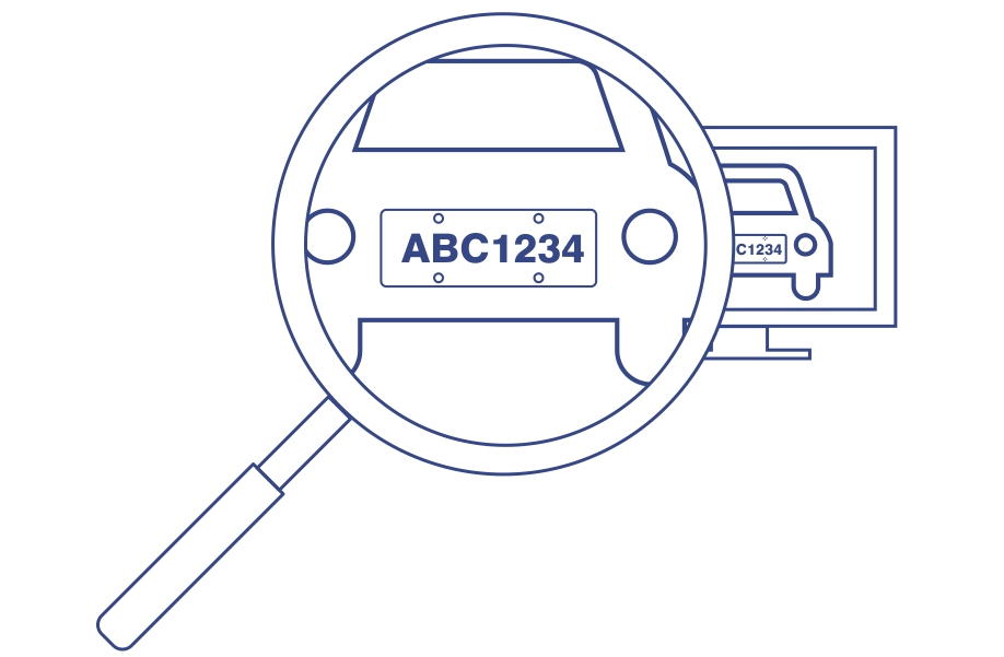 A magnifying glass is focusing on the rear of a car, specifically highlighting the license plate which reads ABC1234. In the background, a computer monitor displays the same image of the car with the license plate, suggesting the concept of zooming in or enhancing the view of the license plate for better detail and clarity.