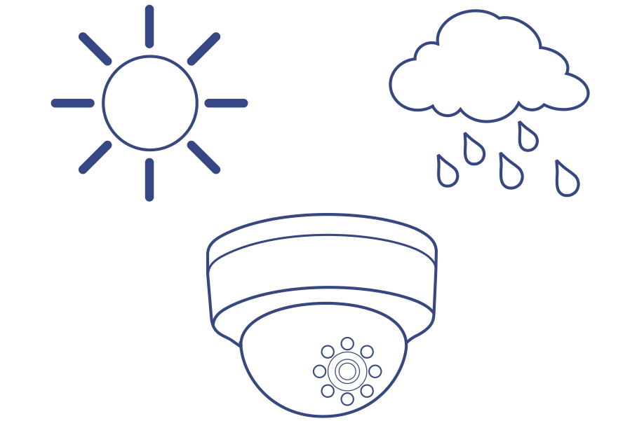 A sun, a cloud with raindrops, and a security camera indicate that the camera is suitable for various weather conditions, including sunny and rainy environments. The security camera is depicted in a simple line drawing, suggesting its use in outdoor settings.