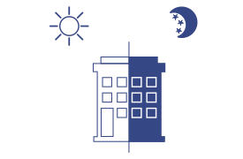 A graphic illustration of a building divided down the middle depicting day and night. The left half shows a sun above, representing daytime. The right half displays a crescent moon and stars above, representing nighttime.