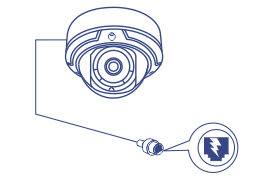 Illustration of a closed-circuit television (CCTV) camera, with a focus on its power connection point and an enlarged detail showing a PoE symbol, indicating the camera’s electrical power source.