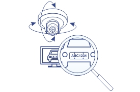 A security camera equipped with motorized 180-degree pan and 75-degree tilt capabilities, enabling extensive visibility. Below the camera, a magnifying glass focuses on a car's license plate, displayed on a computer screen, highlighting the camera's ability to capture and transmit detailed images for monitoring purposes.