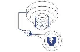A security camera is depicted with a cable extending from it, leading to a connector. A magnified view of the connector shows a symbol indicating Power over Ethernet (PoE).
