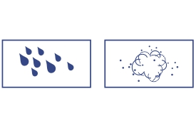 The illustration depicts two icons side by side. The first icon, on the left, shows several raindrops representing water resistance. The second icon, on the right, features a cloud with small dots, signifying dust resistance. These icons emphasize the product's durability in outdoor conditions.