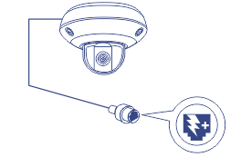 Illustration of a closed-circuit television (CCTV) camera, with a focus on its power connection point and an enlarged detail showing a PoE symbol, indicating the camera’s electrical power source.