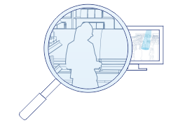 A surveillance monitor with a magnifying glass overlaid on the screen, zooming in on a specific area. The magnified section shows the silhouette of an individual standing in front of shelving with various items, suggesting close monitoring or detailed examination within a surveillance context.