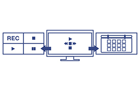 The sequence shows three main elements connected by arrows. On the left, a panel features buttons labeled REC, a play button, and a pause button. In the center, a monitor displays playback control icons including play, pause, forward, and backward. On the right, there is a calendar interface with selectable dates, visually representing the process of managing recording schedules, playback controls, and viewing preferences.