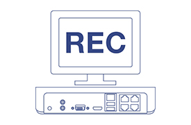 The illustration shows a computer monitor displaying REC in bold letters, with a network video recorder (NVR) positioned below it. The NVR has multiple ports and connectors for audio, video, USB, network, and power connections, indicating an active security and surveillance recording setup.