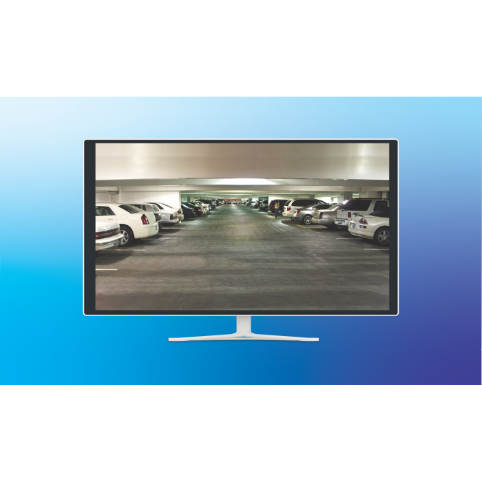 A monitor displaying an underground parking lot.