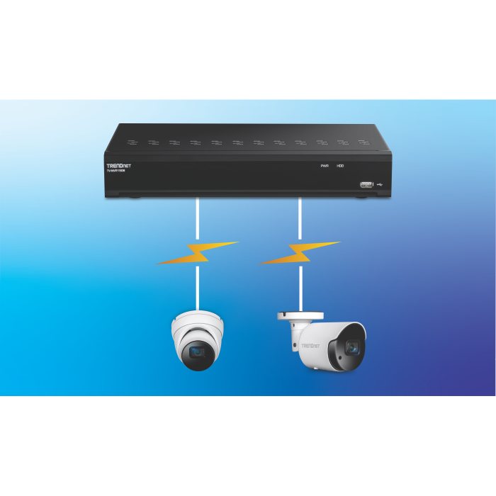 TRENDnet PoE NVR connected to a PoE Dome camera and a PoE Bullet camera.