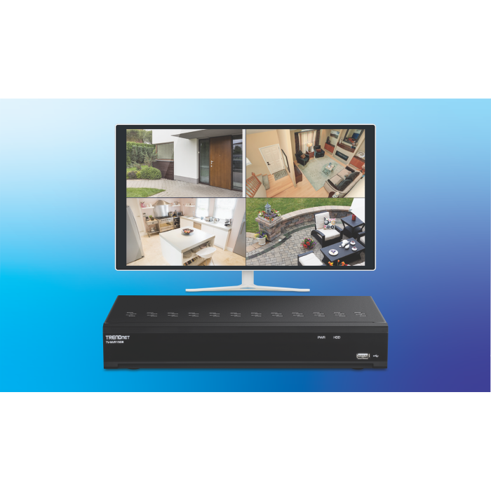 TRENDnet PoE NVR with a monitor displaying a 4-camera view.