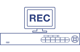 The illustration shows a computer monitor displaying REC in bold letters, with a network video recorder (NVR) positioned below it. The NVR has multiple ports and connectors for audio, video, USB, network, and power connections, indicating an active security and surveillance recording setup.