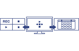 The sequence shows three main elements connected by arrows. On the left, a panel features buttons labeled REC, a play button, and a pause button. In the center, a monitor displays playback control icons including play, pause, forward, and backward. On the right, there is a calendar interface with selectable dates, visually representing the process of managing recording schedules, playback controls, and viewing preferences.