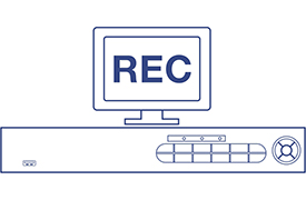 The illustration shows a computer monitor displaying REC in bold letters, with a network video recorder (NVR) positioned below it. The NVR has multiple ports and connectors for audio, video, USB, network, and power connections, indicating an active security and surveillance recording setup.