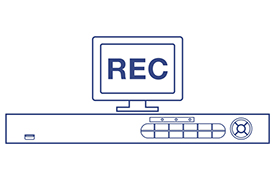 La ilustración muestra un monitor de computadora que muestra REC en negrita, con una grabadora de video en red (NVR) colocada debajo. El NVR tiene múltiples puertos y conectores para conexiones de audio, video, USB, red y alimentación, lo que indica una configuración activa de grabación de seguridad y vigilancia.