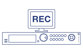 The illustration shows a computer monitor displaying REC in bold letters, with a network video recorder (NVR) positioned below it. The NVR has multiple ports and connectors for audio, video, USB, network, and power connections, indicating an active security and surveillance recording setup.