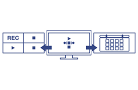 A panel with buttons for REC, play, and pause. A monitor shows playback controls, including play, pause, forward, and backward. A calendar interface displays selectable dates for managing recording schedules and viewing preferences.