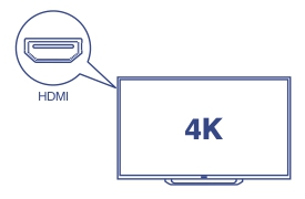 A diagram shows a 4K television screen with the text 4K displayed on it and an enlarged illustration of an HDMI port labeled HDMI, indicating the type of connection used to view one 8MP 4K UHD camera channel.
