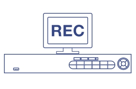 The illustration shows a computer monitor displaying REC in bold letters, with a network video recorder (NVR) positioned below it. The NVR has multiple ports and connectors for audio, video, USB, network, and power connections, indicating an active security and surveillance recording setup.