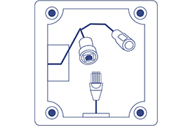 The internal layout of a junction box shows an Ethernet cable and a power line running through the wall mount bracket, designed to protect the cables from external elements.