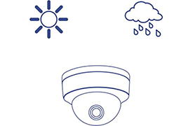 A simple line drawing of a dome camera is positioned below two weather icons. The left icon depicts a sun with rays, and the right icon shows a cloud with raindrops. This suggests that the camera is suitable for various weather conditions, indicating its outdoor rating.