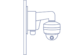 A wall-mounted dome camera attached to a bracket fixed to a vertical surface. The bracket extends outward and angles downward, holding the dome camera in an upside-down position, allowing for greater flexibility in installation and optimal surveillance coverage.