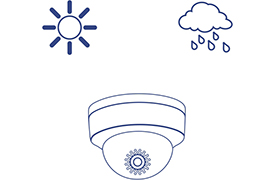 A simple line drawing of a dome camera is positioned below two weather icons. The left icon depicts a sun with rays, and the right icon shows a cloud with raindrops. This suggests that the camera is suitable for various weather conditions, indicating its outdoor rating.