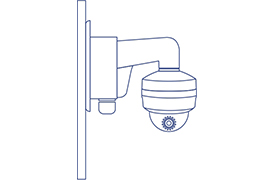 A wall-mounted dome camera attached to a bracket fixed to a vertical surface. The bracket extends outward and angles downward, holding the dome camera in an upside-down position, allowing for greater flexibility in installation and optimal surveillance coverage.