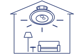 A smart LED light fixture on the ceiling emits light rays. Below, a floor lamp with a small table next to it and a sofa against the wall. The drawing is minimalistic, using only blue lines to outline the objects. The light can be controlled remotely or triggered by motion.