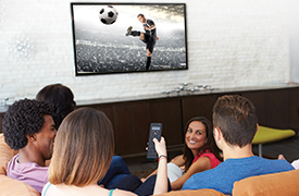 Un groupe de personnes assises sur un canapé dans un salon, regardant un match de football sur un grand téléviseur à écran plat fixé au mur. Une personne tient une télécommande. L’écran de télévision montre un joueur de football dans les airs, tapant dans un ballon de football dans un stade rempli de spectateurs. Le texte USB Share Ports est associé à l’image.
