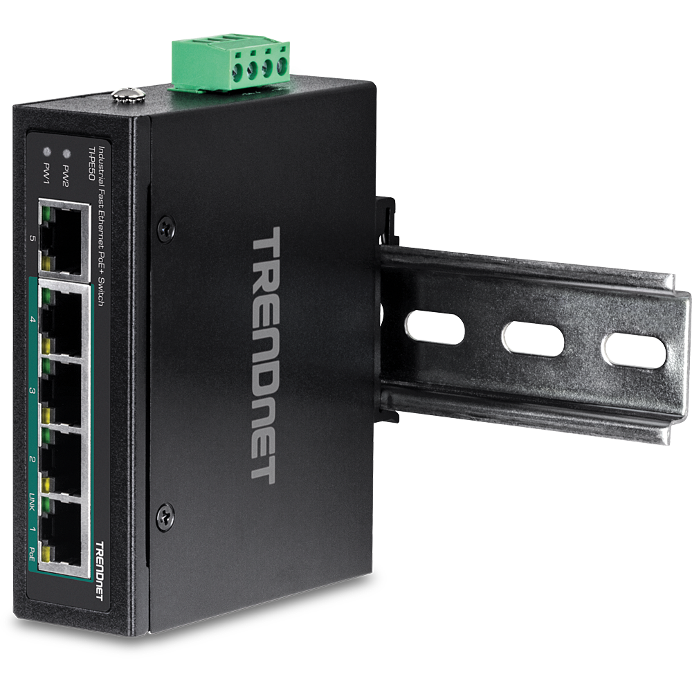 Switch Rail DIN Fast Ethernet PoE+ industriel à 5 ports - TRENDnet TI-PE50