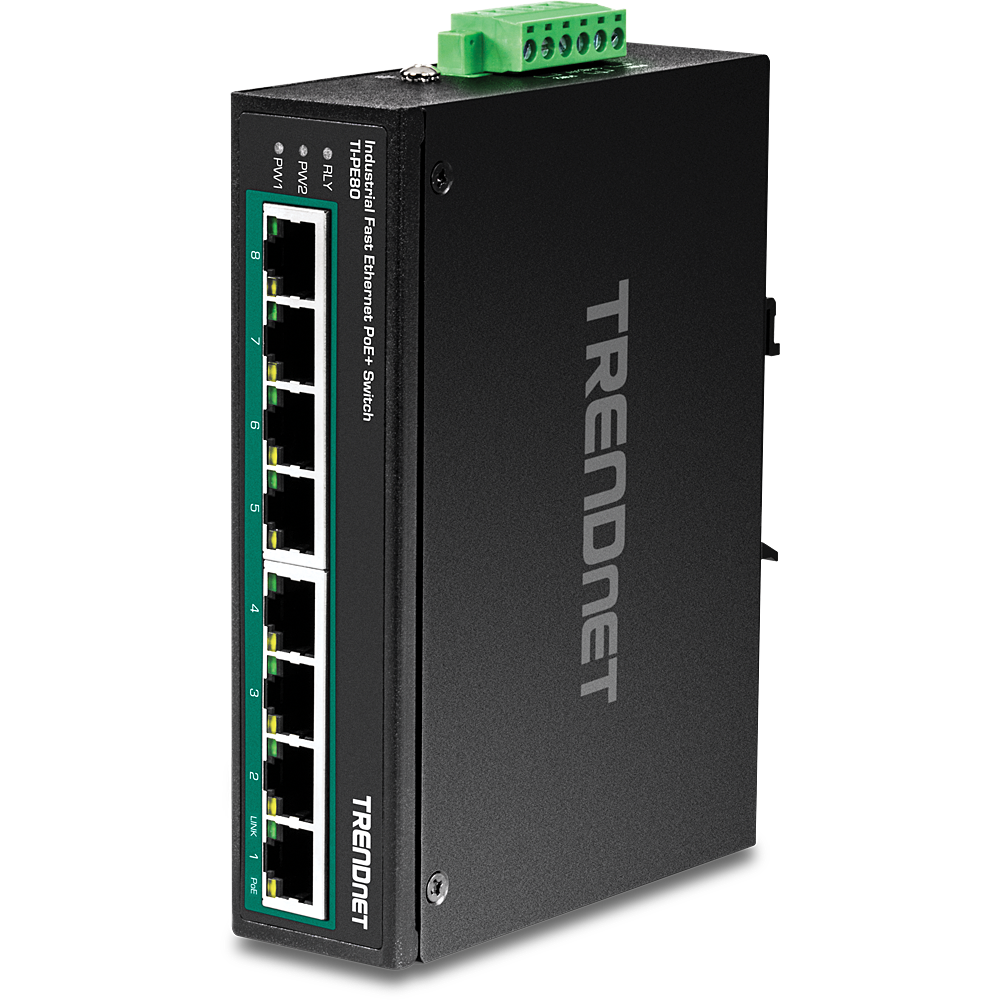 Switch Rail DIN Fast Ethernet PoE+ industriel à 8 ports - TRENDnet TI-PE80