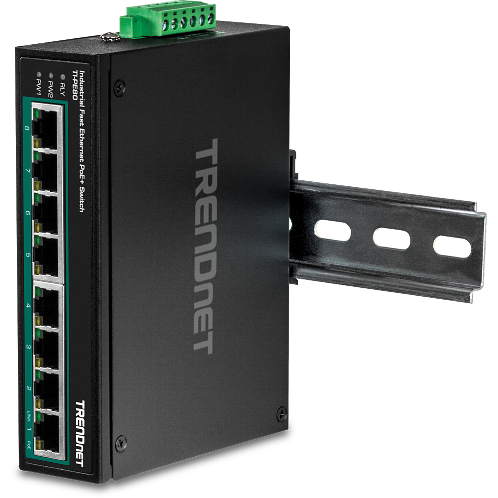 Switch Rail DIN Fast Ethernet PoE+ industriel à 8 ports - TRENDnet TI-PE80