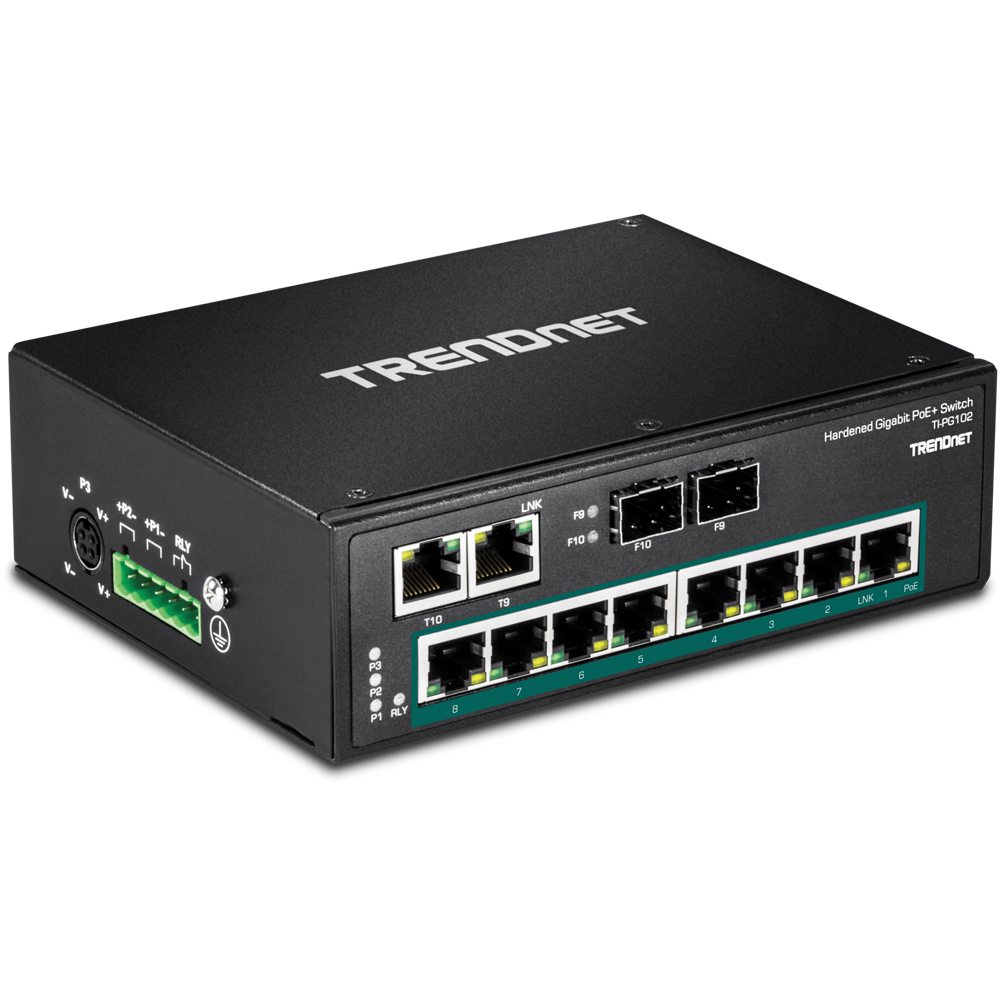 10-Port Industrial Gigabit PoE+ DIN-Rail Switch - TRENDnet TI-PG102