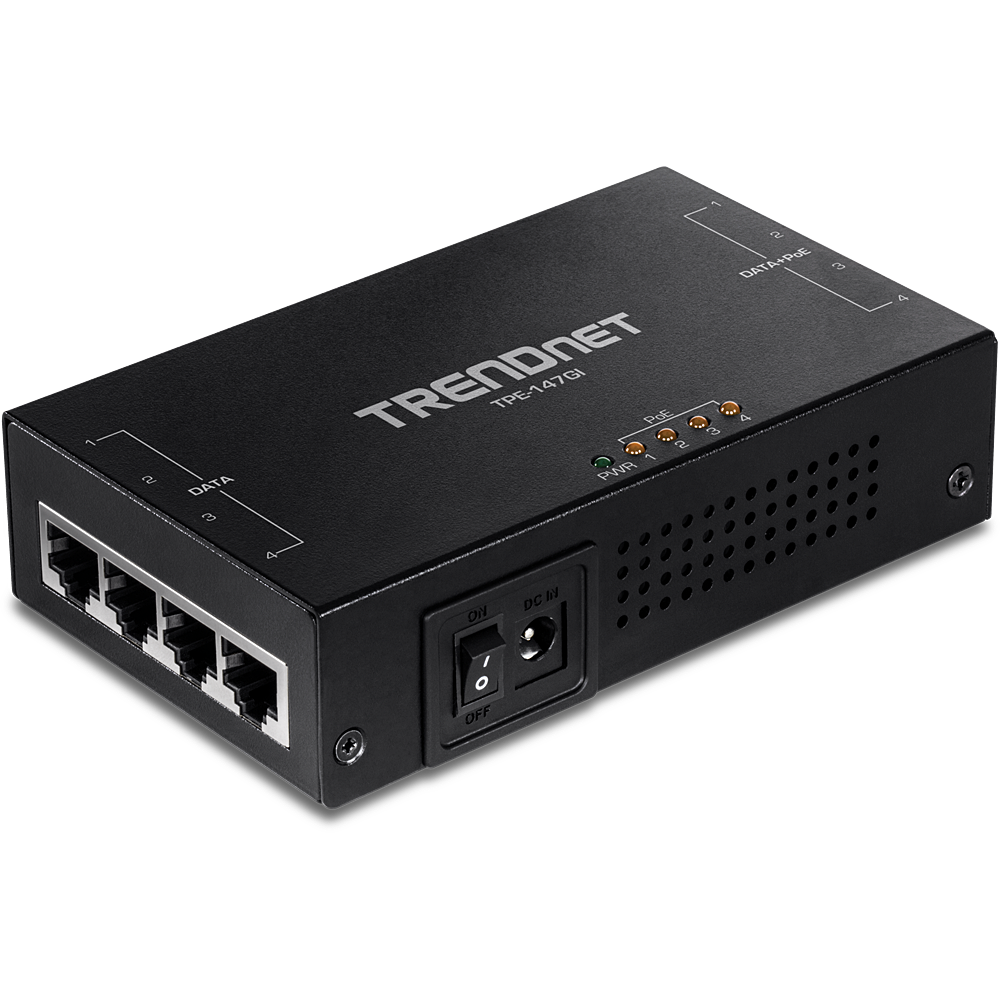 TPE-147GI Multi-Port PoE+ Injector up to 100m Data + PoE Out 328 ft. Add PoE+ Power to Non-PoE Switch 4 x Gigabit Ports TRENDnet 65W 4-Port Gigabit PoE+ Injector Data in 4 x gigabit PoE Ports