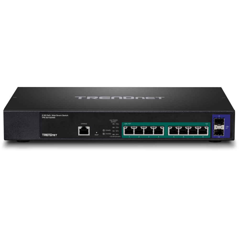 10-Port 2.5GBASE-T Web Smart PoE+ Switch with 2 x 10G SFP+ Slots - TRENDnet  TPE-30102WS