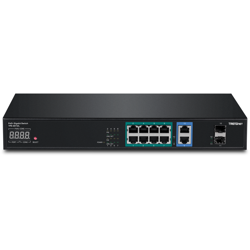 12-Port Gigabit NVR PoE+ Switch with LED Display - TRENDnet TPE-3012L