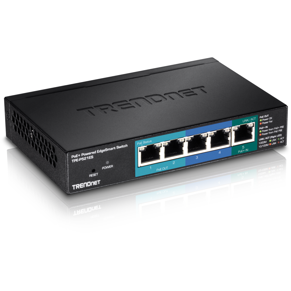 5-Port Gigabit PoE+ Powered EdgeSmart Switch with PoE Pass Through -  TRENDnet TPE-P521ES