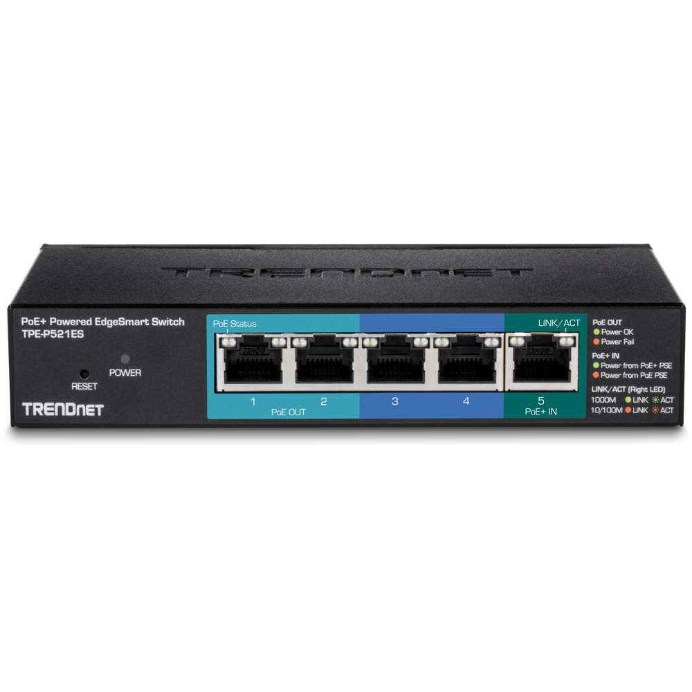 5-Port Gigabit PoE+ Powered EdgeSmart Switch with PoE Pass Through -  TRENDnet TPE-P521ES