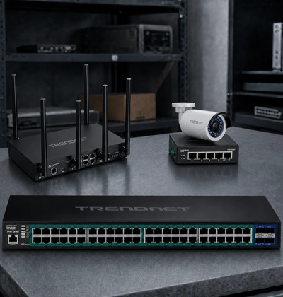 A network camera, a router, and a KVM switch.